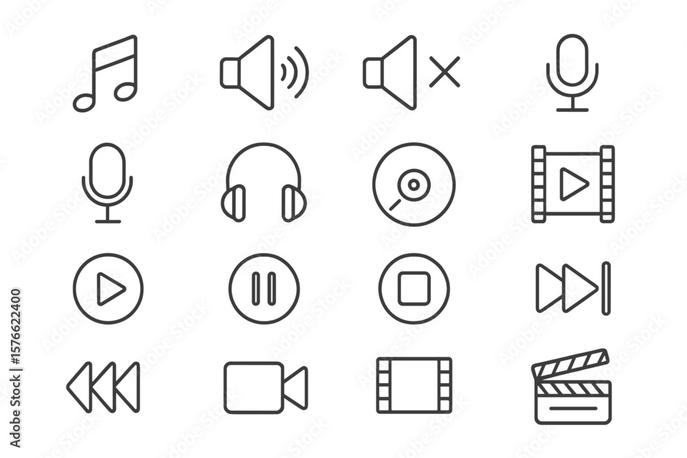 Poster audio and video thin line icon set. music and movie production outline symbols collection. media pla