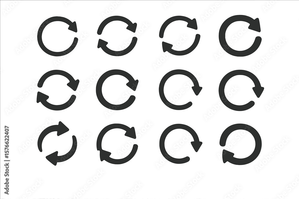 Poster arrow pictogram refresh, reload, rotation, and loop sign set. collection of circular arrows. simple 