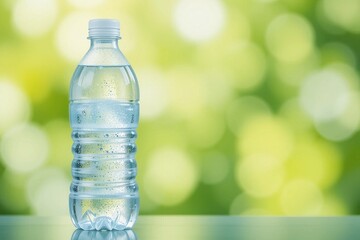 Plastic water bottle filled with clear sparkling water on blurred green background, minimal lifestyle. 