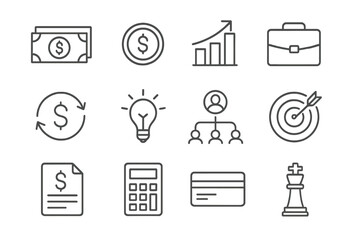 Business and finance thin line icon set with editable stroke. Vector icons of investment, banking, credit, strategy, growth, payment, and goal. Money management symbols.