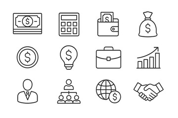 Business and finance thin line icon set with editable stroke. Money, investment, profit, and growth concepts. Corporate vector symbols for banking, marketing and management.