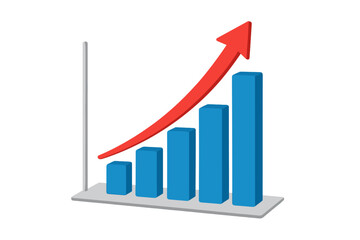 3D Bar Chart with Upward Red Arrow, Business Growth Analytics, Marketing Strategy, Financial Success, Economic Progress, Transparent PNG Vector Illustration