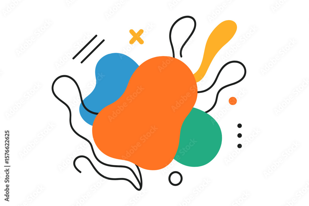 Poster abstract geometric shapes composition. modern minimalist vector art. colorful fluid blobs, lines, do