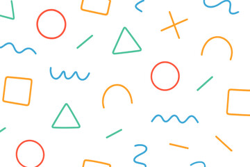 Seamless Colorful Doodle Pattern with Geometric Shapes. Minimalist Kids Background. Playful Line Art Circles, Squares, Triangles, Waves. Trendy Childish Vector Design. Transparent PNG