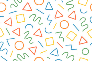 Seamless Colorful Doodle Pattern with Geometric Shapes. Minimalist Kids Background. Playful Hand-Drawn Lines. Trendy Abstract Vector for Children’s Decor, Wallpaper, Fabric, Stationery