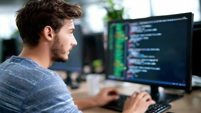 Young man working computer code modern office, focused software developer programming desk, technology and innovation concept, computer coding software development programming technology office