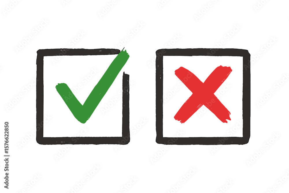 Poster hand drawn check mark and cross icon set. brush stroke green tick and red x in checkbox. vector illu