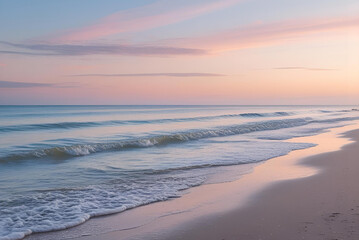 Fototapeta premium Calm Beach at Sunset with Pastel Pink Sky and Gentle Waves