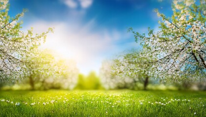 beautiful blurred spring background nature with blooming glade trees and blue sky on a sunny day generative ai