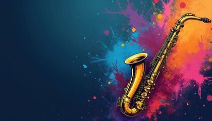 Golden saxophone illustration on vibrant splash background. Celebrate International Jazz Day World Jazz festival with musical art. Perfect for concert invitations, club events, promotional flyers.