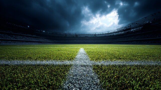 Dark clouds gather over an empty football stadium before the match begins at dusk