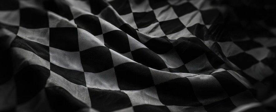 Draped black and white checkered fabric, possibly a racing flag, with deep shadows and subtle texture