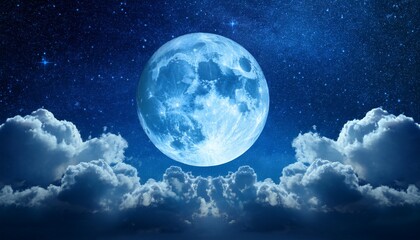Fototapeta premium radiant full blue moon illuminating a starry night sky with fluffy clouds and tranquil atmosphere