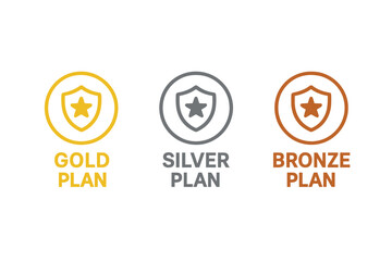 Membership plan icons set. Gold, silver, and bronze subscription levels. Vector badges for pricing table comparison. Premium, standard, and basic service tier emblems.