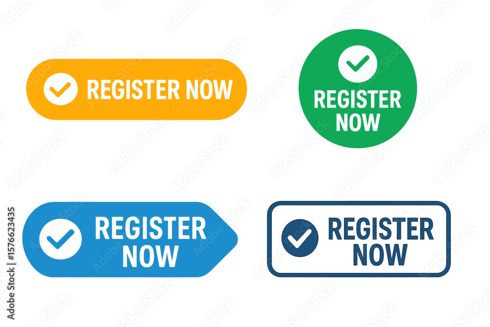 Poster register now buttons set. vector web registration buttons with check mark icons. user interface elem