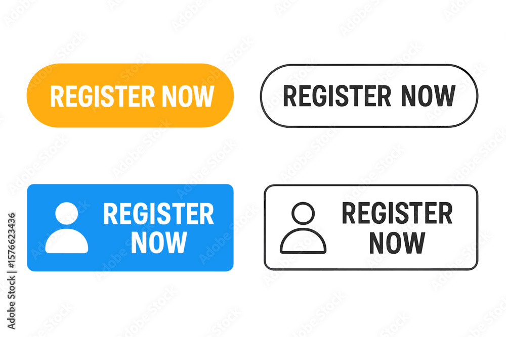Poster register now buttons set. vector web registration buttons collection. flat ui elements for signup, u
