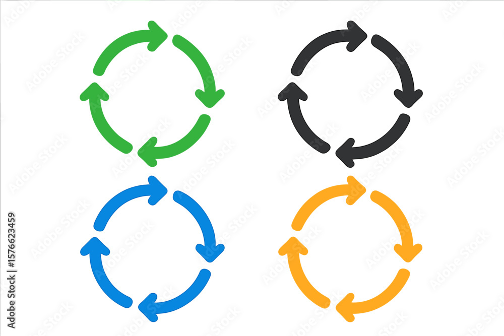 Poster set of 4 colorful arrows rotation circle icons, flat vector pictograms, recycling refresh reload loo