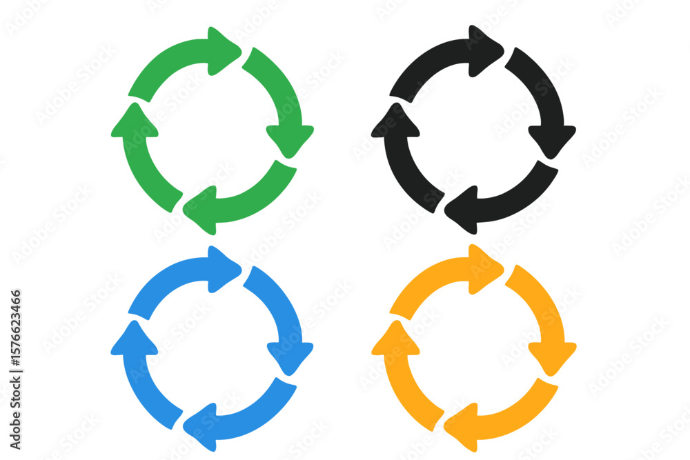Poster set of 4 colorful circular arrows icons, rotation loop, refresh and reload symbols, flat vector pict
