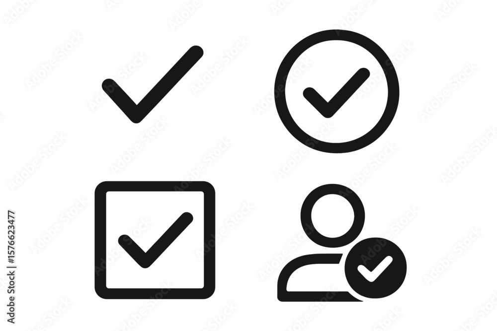 Poster set of 4 check mark icons, done symbol, checkbox and profile verification tick marks, vector checkli
