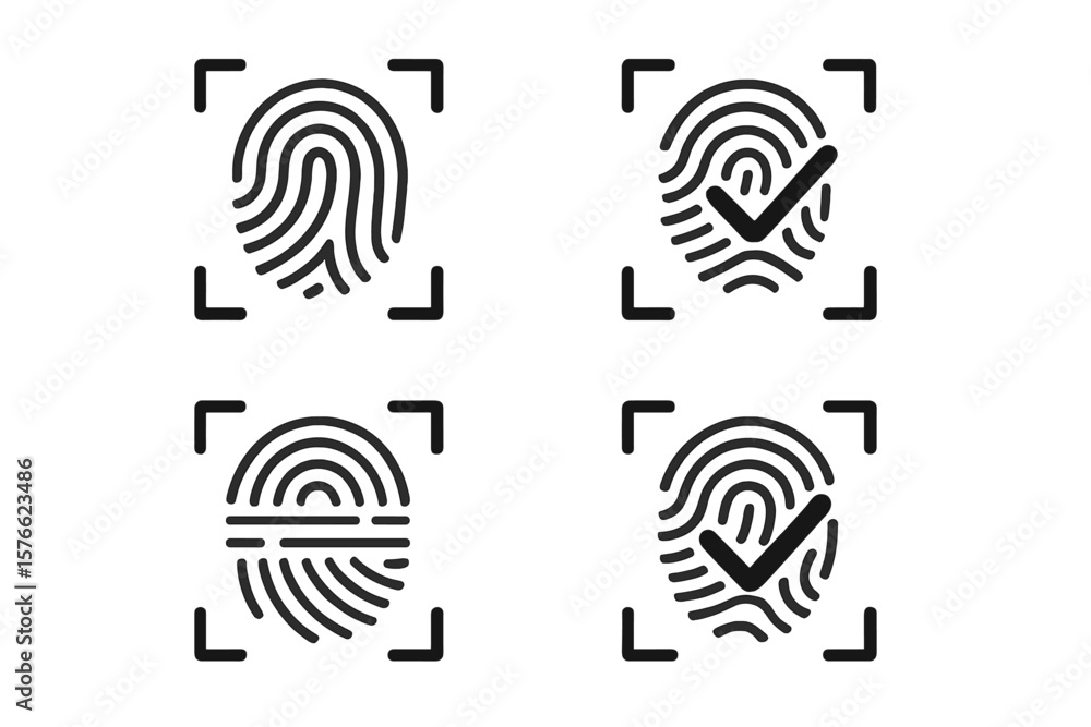 Poster fingerprint scan icons set. black and white biometric thumbprint symbols. security verification, ide