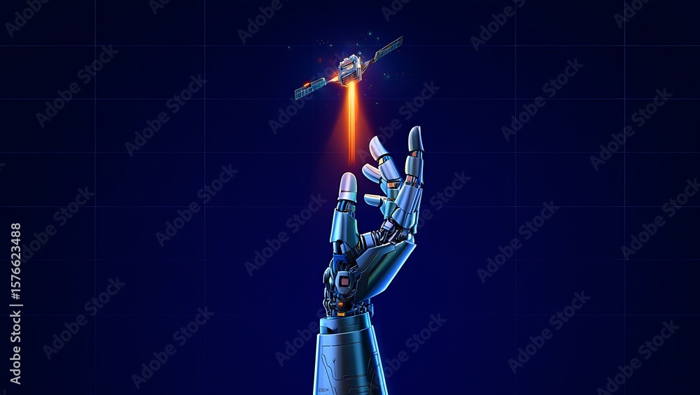 Aufkleber robotic arm manipulating a satellite in space, futuristic robotic hand pointing to high-tech satelli