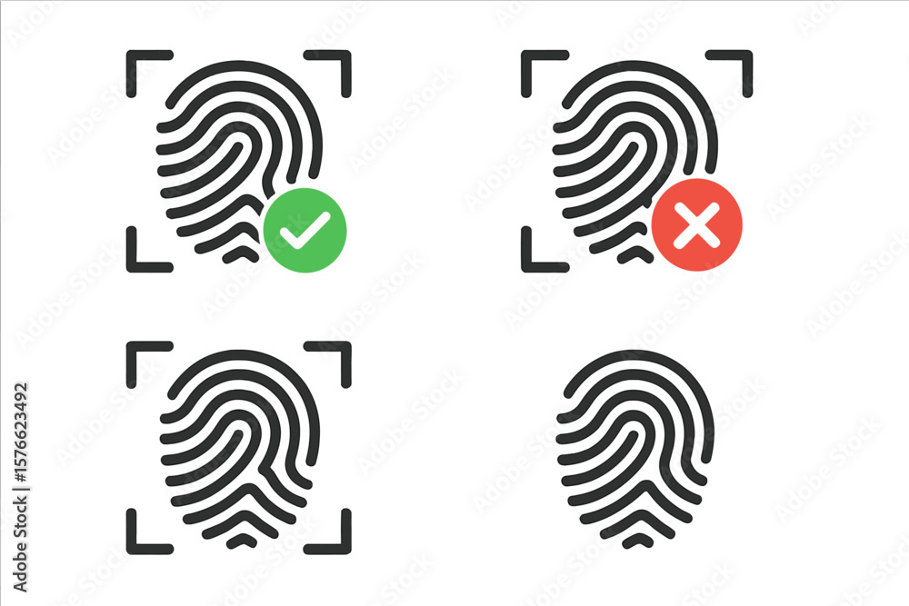 Poster fingerprint scan icons set. biometric security approval and denial symbols. mobile app authenticatio