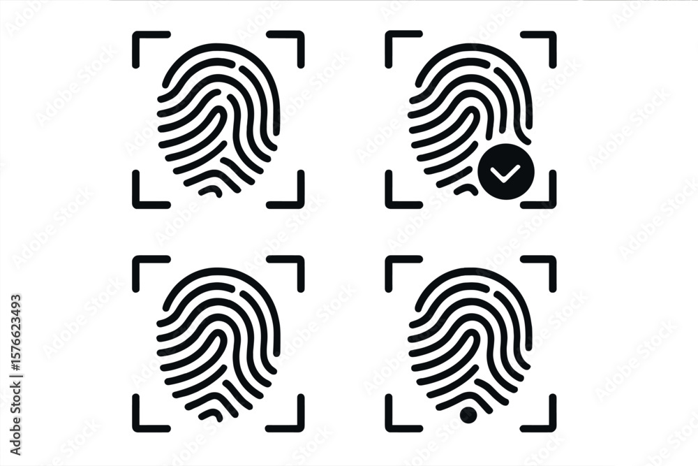 Poster fingerprint scan icons set. black and white biometric thumbprint symbols. secure authentication, ide