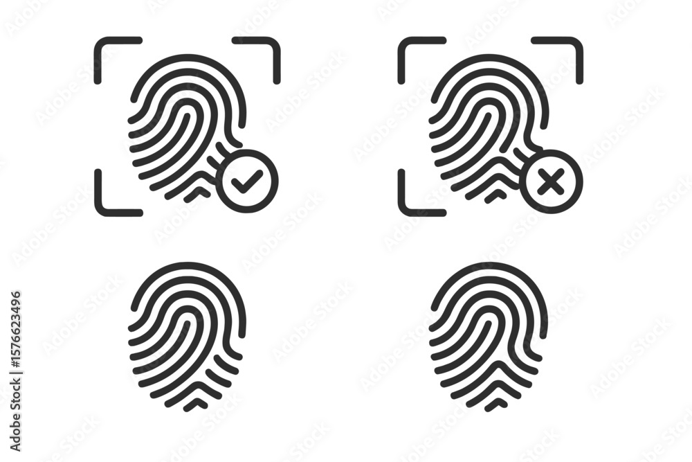 Poster fingerprint scan icons set. biometric authentication symbols with approved and denied signs. securit