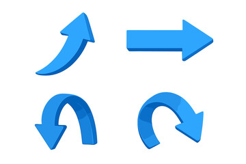 3D Blue Arrow Icon Set. Curved, Straight, U-Turn, and Downward Arrows. Directional Navigation Symbols. Isolated Vector Illustration. Modern Design. Transparent Background. Graphic Resource