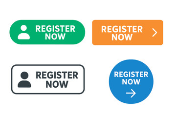 Register Now Buttons Set. Vector Web Registration Buttons Collection. Flat UI Elements for Signup, Join, User Account, Website, Blog, Service, Interface Design