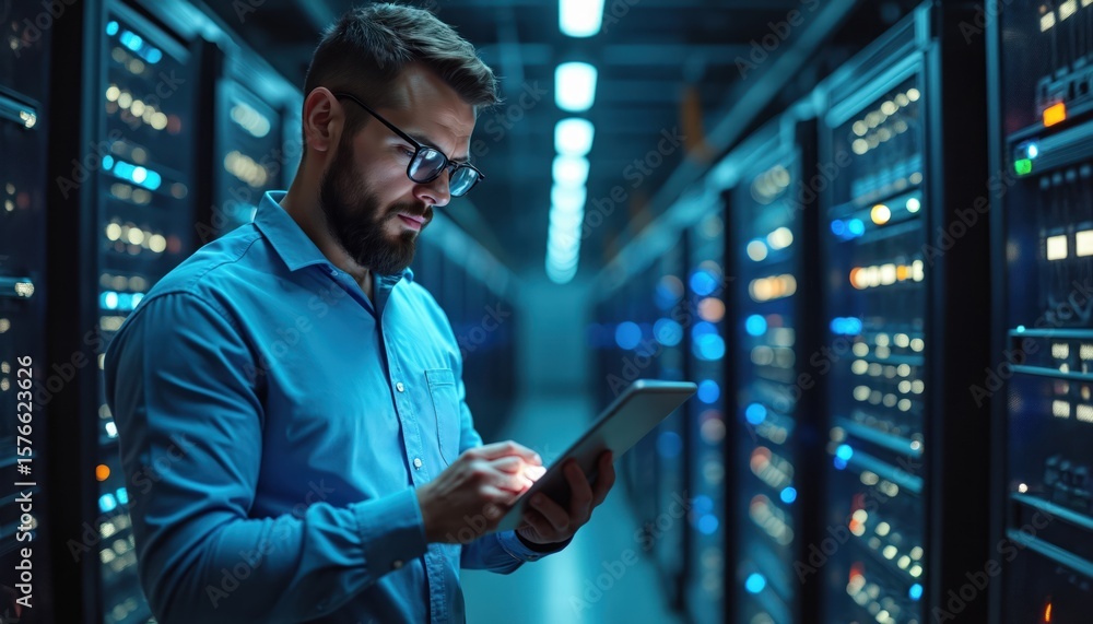 Poster man in glasses, blue shirt works with tablet in server room. rows of glowing computer servers create