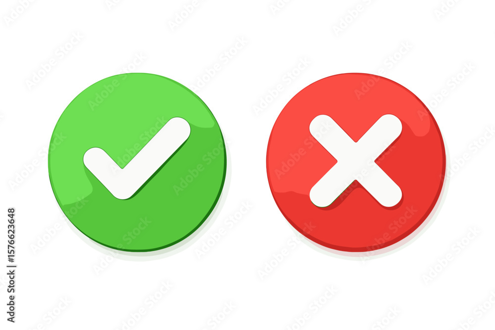 Poster 3d green check mark and red cross button icons. approval and rejection symbols. isolated vector illu
