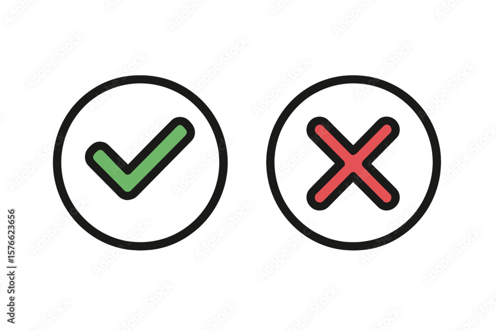 Poster checklist icons set. green check mark and red cross symbol in circle. to do and not to do buttons. v