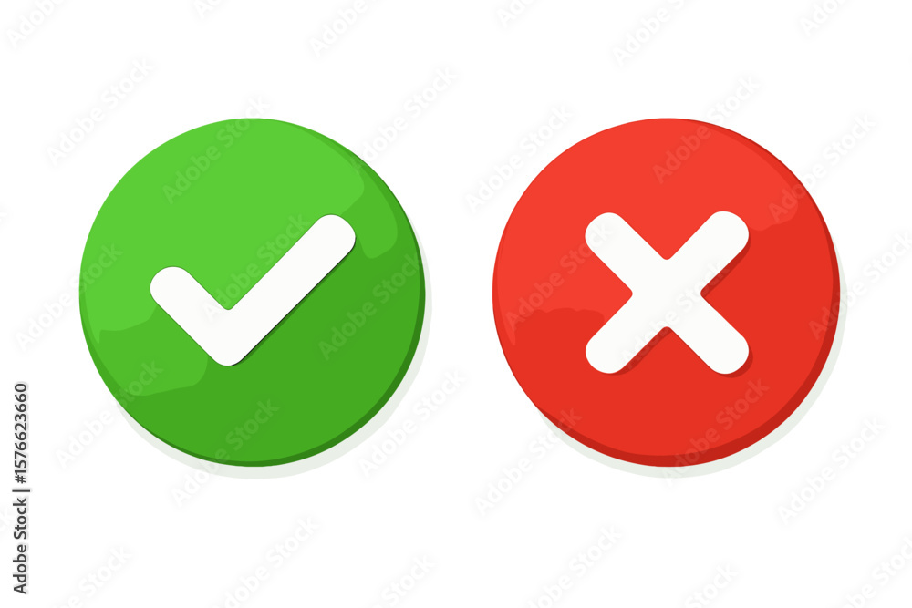 Poster 3d green check mark and red cross button icons, approval and rejection symbols, isolated transparent