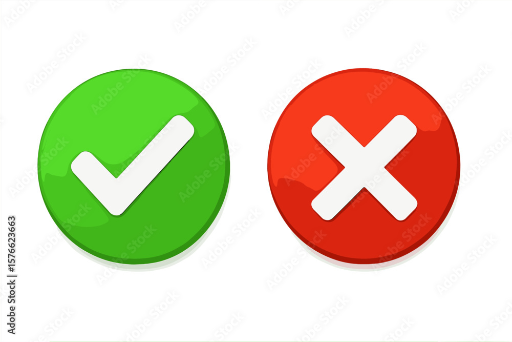 Poster 3d green check mark and red cross button icon set, vector symbol, isolated on transparent background