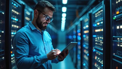 Man in glasses, blue shirt works with tablet in server room. Rows of glowing computer servers create high-tech atmosphere. specialist monitors data flow, checks system performance in data center