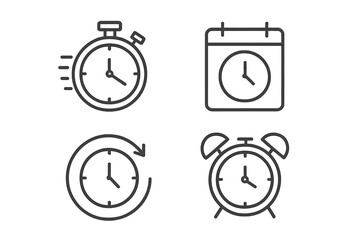 Time Management and Clock Icon Set. Stopwatch, Calendar, Alarm, Countdown, Timer, Speed, Recovery, Watch, Date, Line Style Web Icons for Productivity and Scheduling