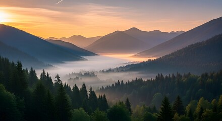 Scenic view of a valley with mountains, forest, and fog during sunrise