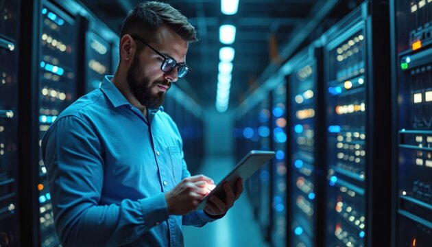 Man in glasses, blue shirt works with tablet in server room. Rows of glowing computer servers create high-tech atmosphere. specialist monitors data flow, checks system performance in data center