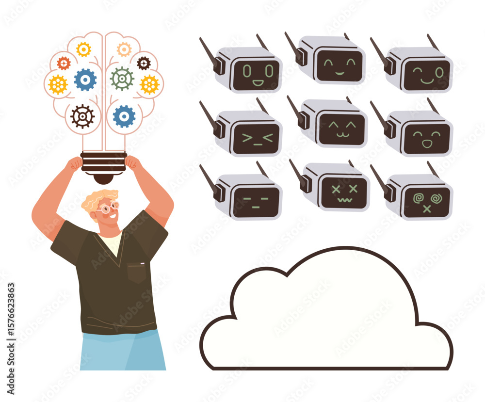 Poster man holds gear-filled bulb symbolizing innovation and ai ideas. robot heads display emotions a cloud