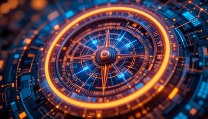 Futuristic Digital Compass with Orange and Blue Lights

