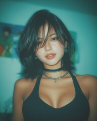 Portrait of a stylish young woman with jewelry wearing a black tank top indoors
