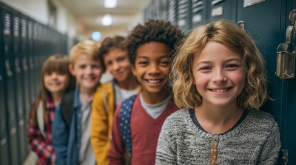 Obraz premium Children smiling and posing in a school hallway near lockers during a cheerful school day gathering