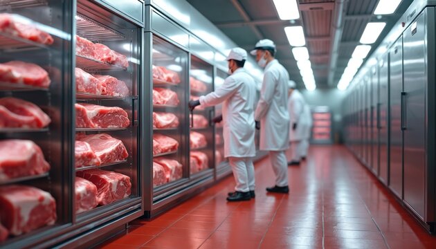 Workers in white coats handle raw meat cuts inside industrial cold storage. Large refrigerators display fresh beef, veal portions. Chilled preservation ensures food quality for restaurants, markets.