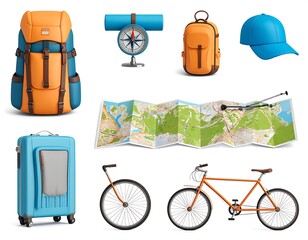 Travel essentials on white