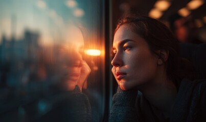 Young European woman leaning her forehead on the window of a train, blurring cityscape at sunset.