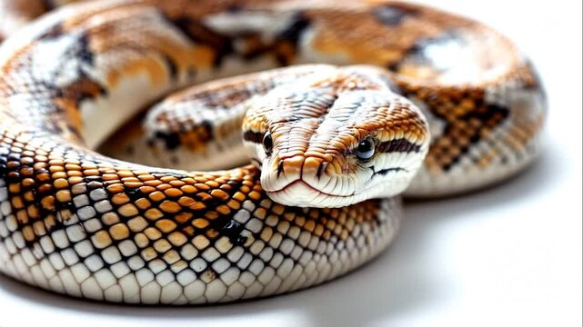 Stunning Closeup of a Ball Python Snake with Intricate Pattern and Striking Gaze on White Background