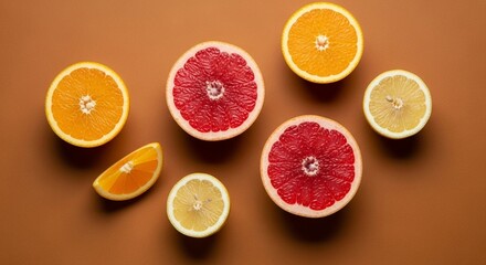Modern flat lay of assorted citrus fruits (oranges, lemons, grapefruits) cut open on a solid color background