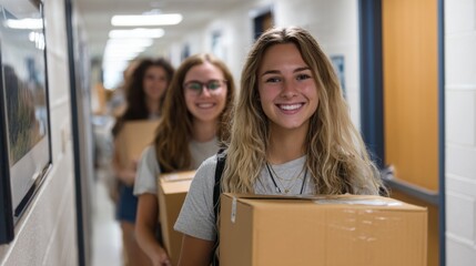 Students smiling while carrying boxes in a school hallway during a community event