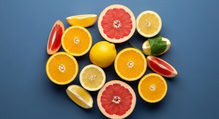 Modern flat lay of assorted citrus fruits (oranges, lemons, grapefruits) cut open on a solid color background